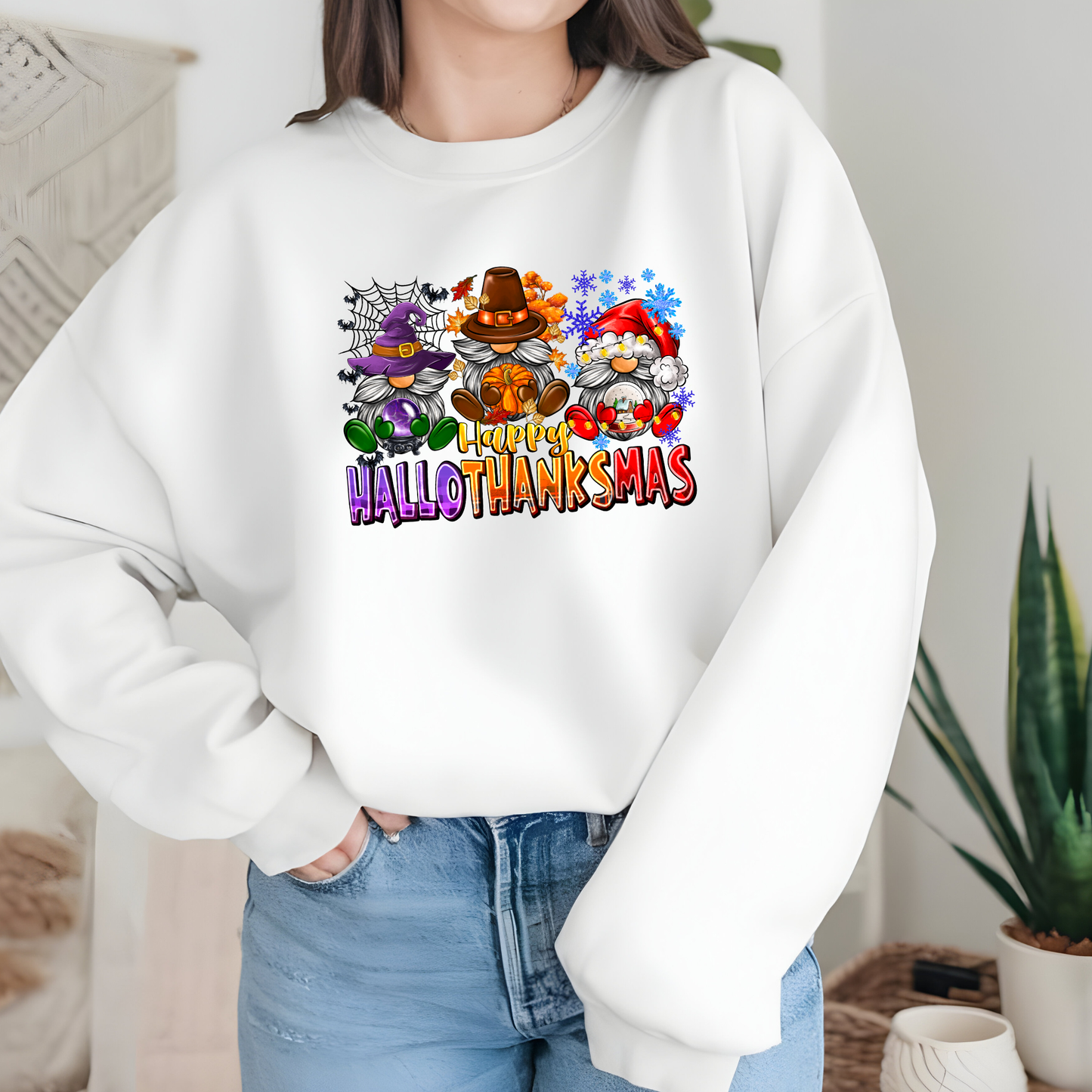 Wholesale Happy Hallothanksmas Gnomes Sweatshirt - White Sweatshirt