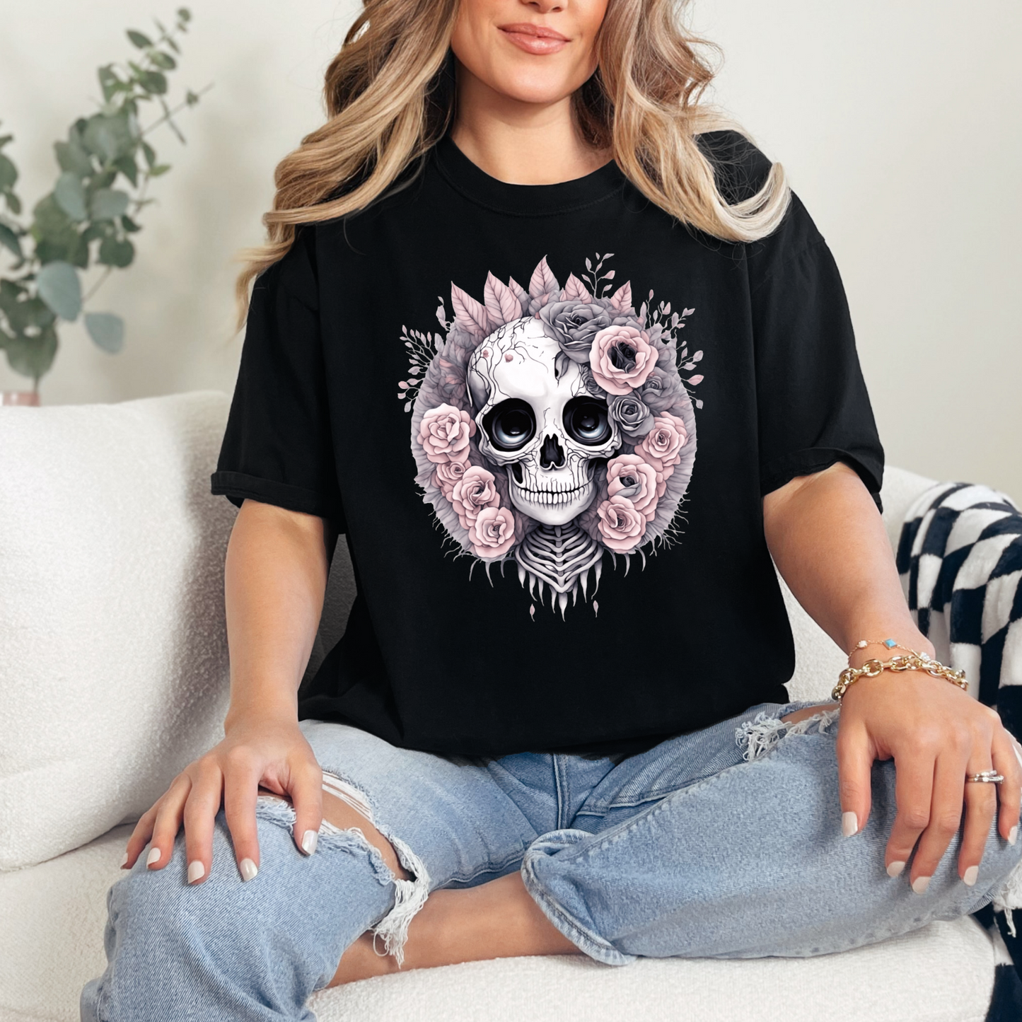 Wholesale Skull with Pink Roses Graphic Tee - Black Tee