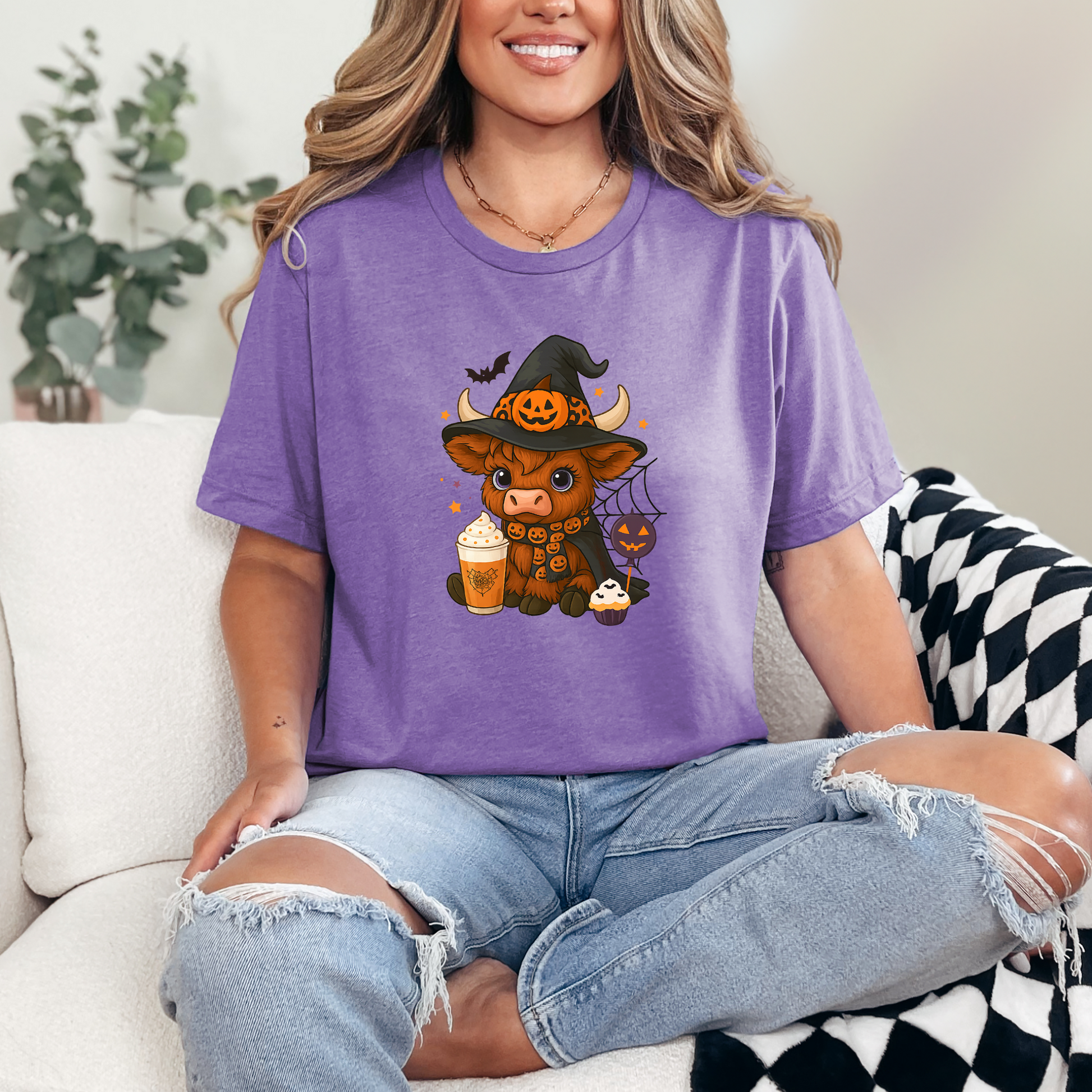 Wholesale Highland Cow Halloween Graphic Tee - Heather Team Purple Tee