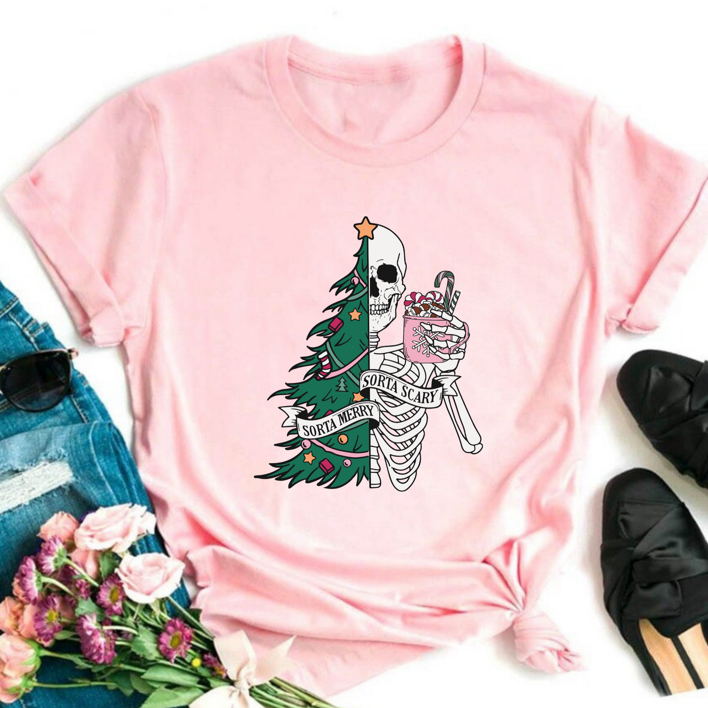 Wholesale Sorta Merry Sorta Scary Graphic Tee - Pink Tee