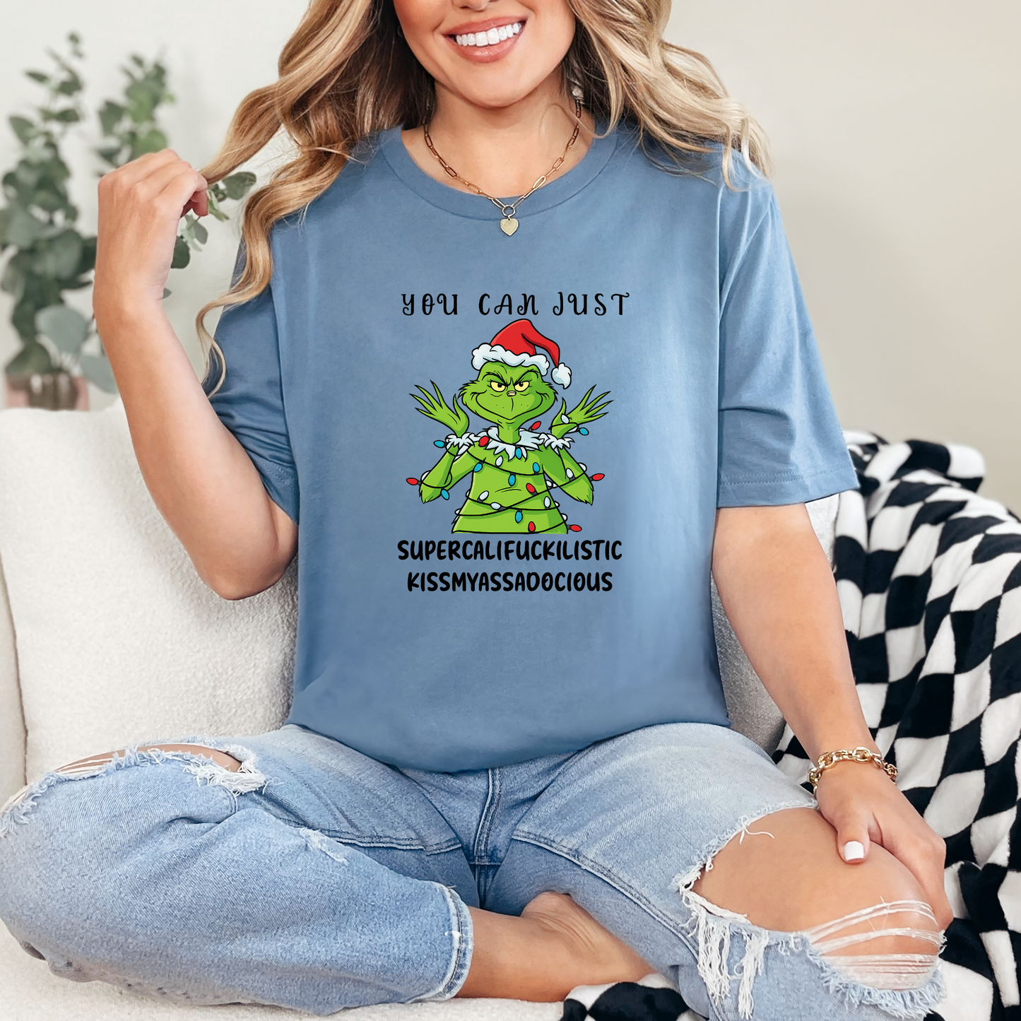 Wholesale Grinch You Can Just Graphic Tee - Steel Blue Tee