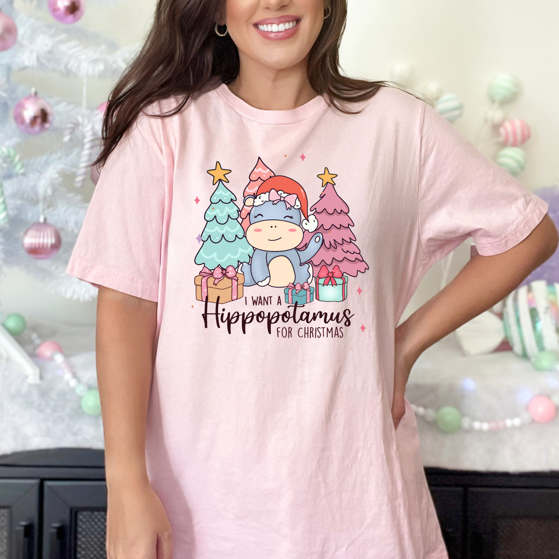 Wholesale Hippopotamus for Christmas Graphic Tee - Pink Tee