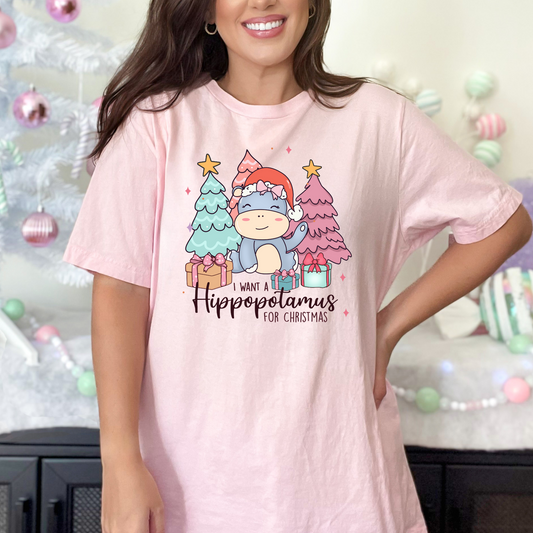Wholesale Hippopotamus for Christmas Graphic Tee - Pink Tee
