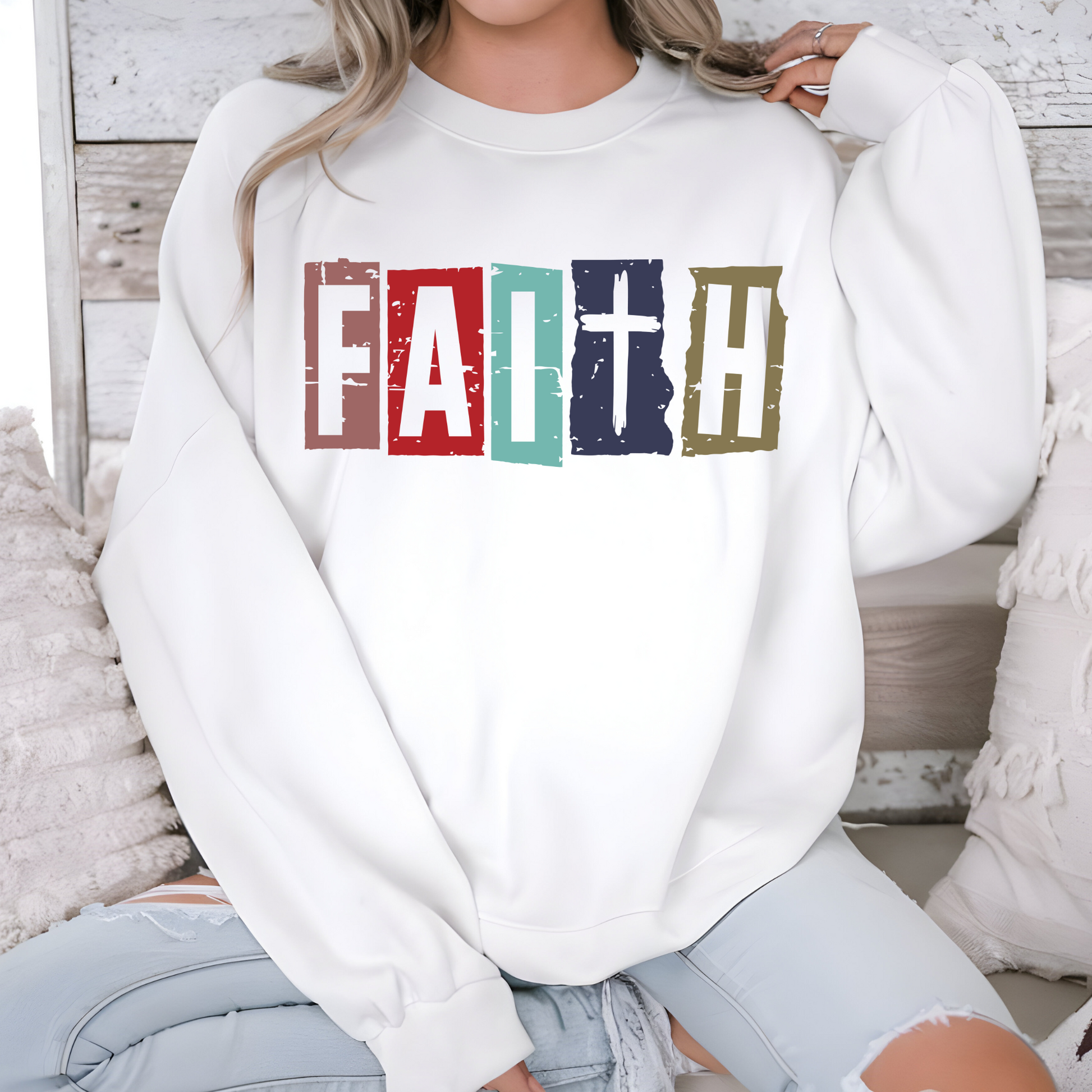 Wholesale Color Block Faith Sweatshirt - White Sweatshirt