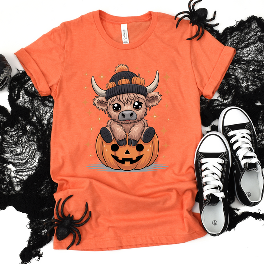 Wholesale Cow on Pumpkin Graphic Tee - Heather Orange Tee