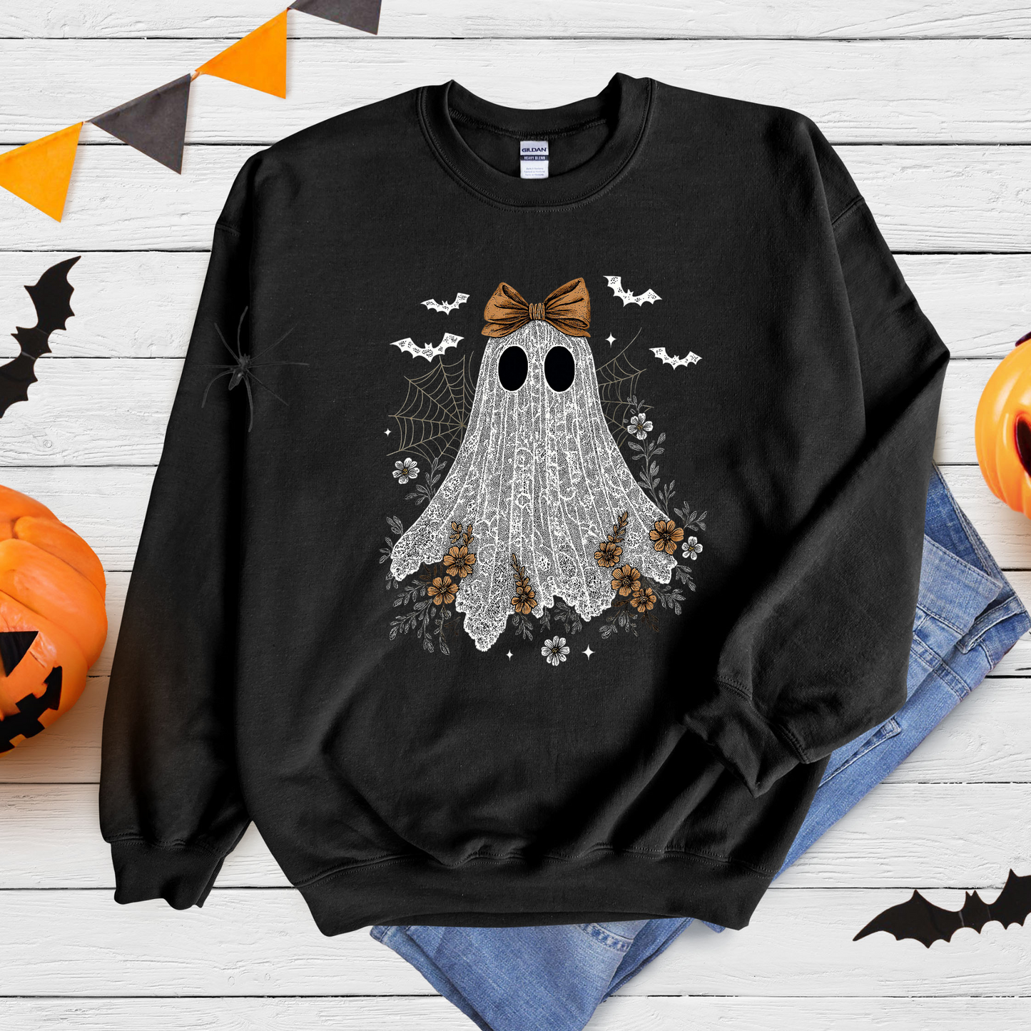 Wholesale Halloween Lace Ghost Cute Graphic Tee or Sweatshirt - Black Sweatshirt