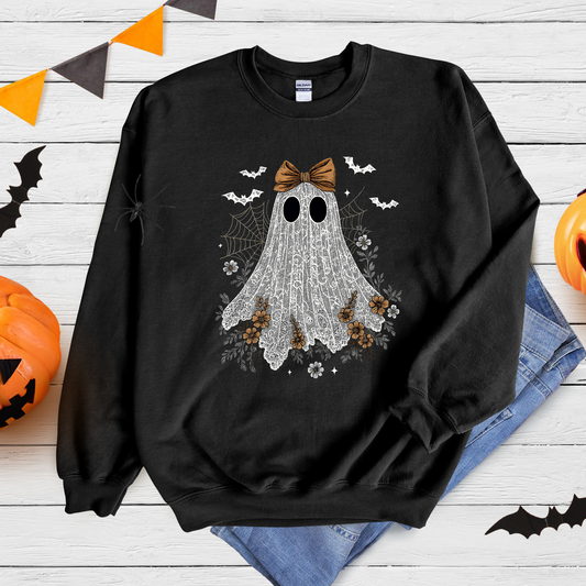 Wholesale Halloween Lace Ghost Cute Graphic Tee or Sweatshirt - Black Sweatshirt