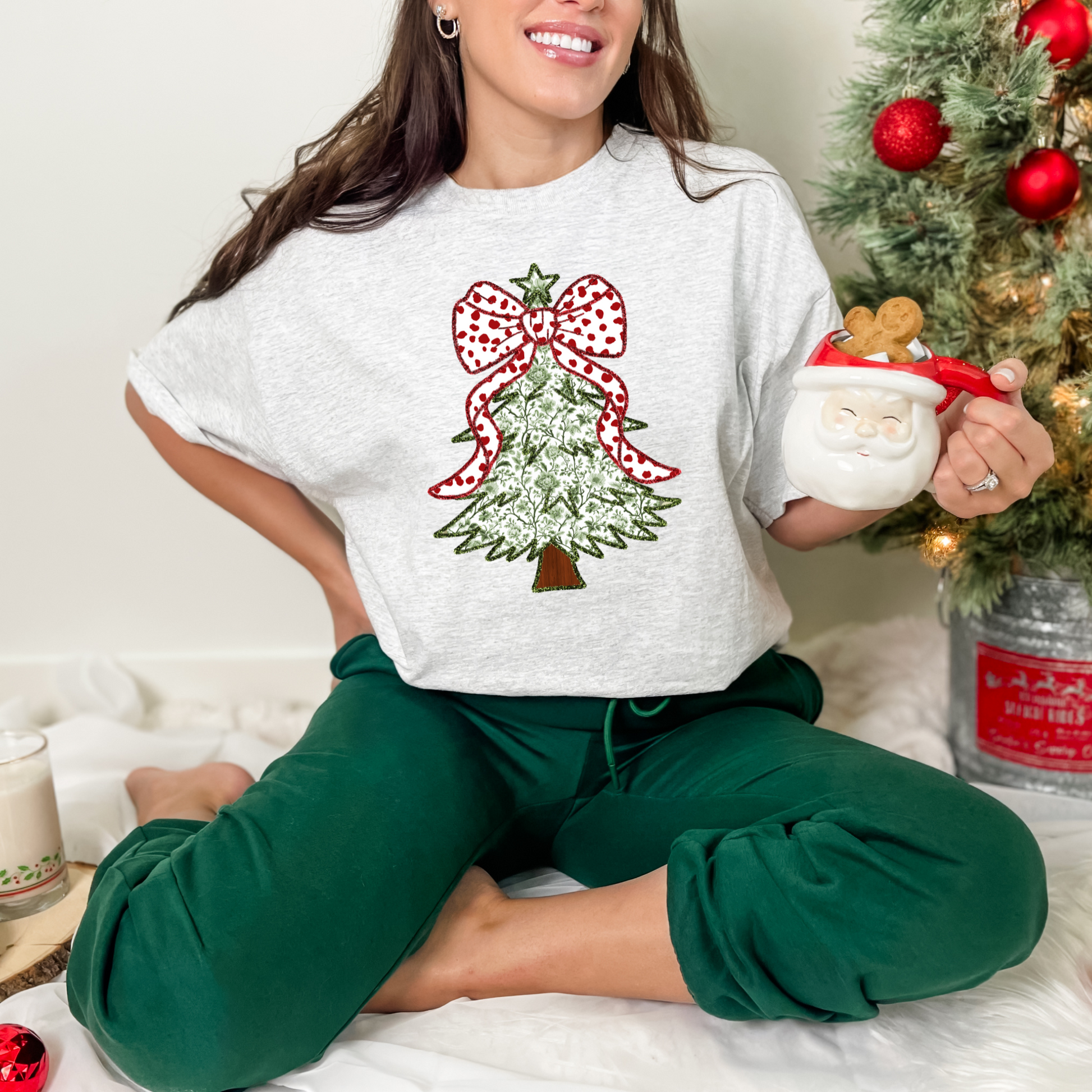 Wholesale Green Christmas Tree Coquette Graphic Tee - White Tee
