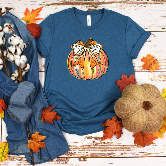 Wholesale Colorful Pumpkin Bow Graphic Tee - Heather Deep Teal Tee