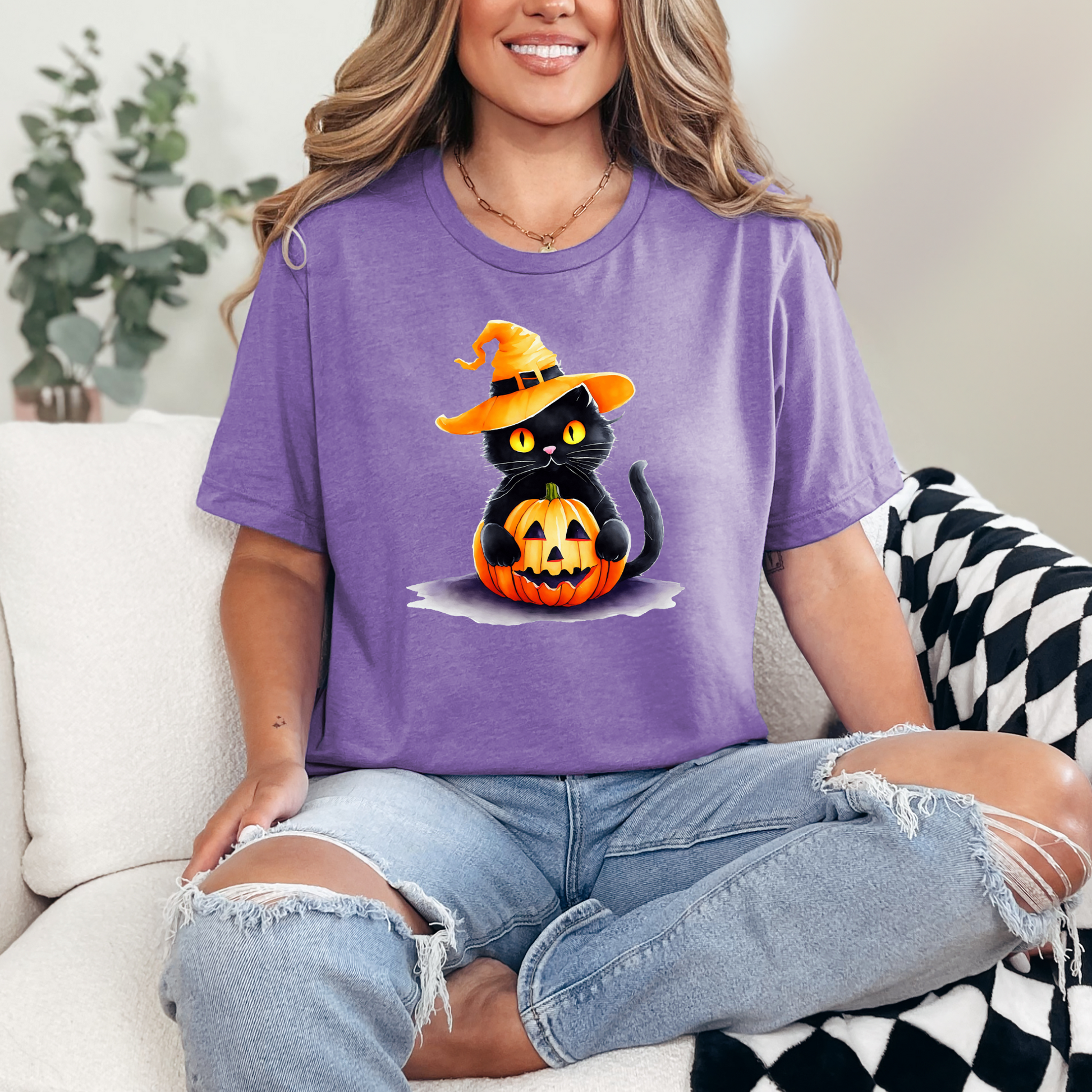 Wholesale Halloween Pumpkin Cat Graphic Tee - Heather Team Purple Tee
