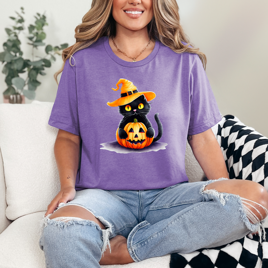 Wholesale Halloween Pumpkin Cat Graphic Tee - Heather Team Purple Tee