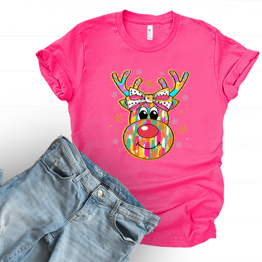 Wholesale Colorful Reindeer Bling - Fuchsia Tee