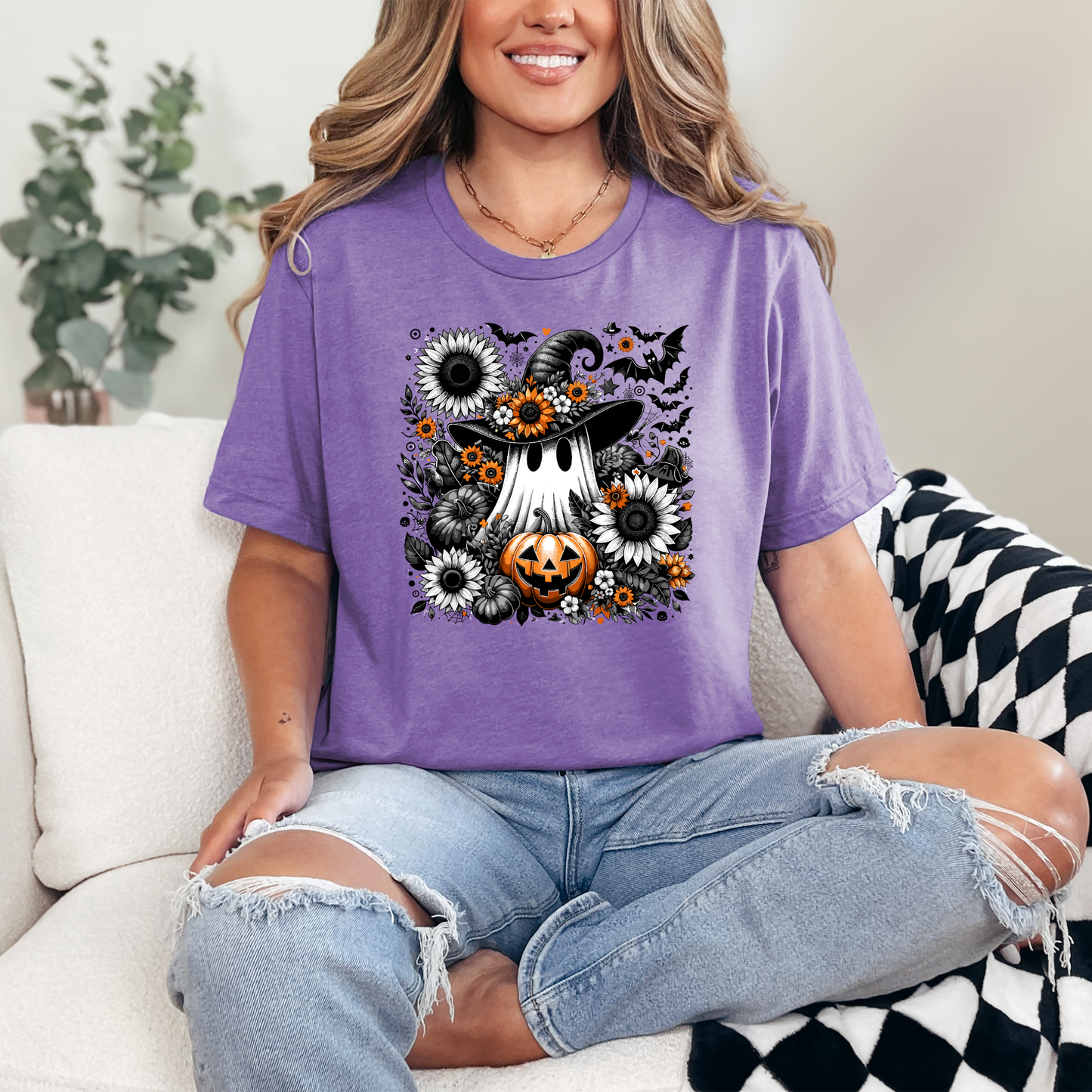 Wholesale Floral Ghost Pumpkin Graphic Tee - Heather Team Purple Tee