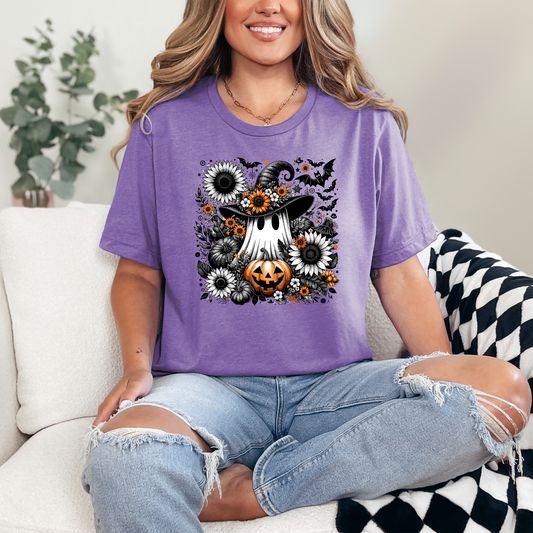 Wholesale Floral Ghost Pumpkin Graphic Tee - Heather Team Purple Tee