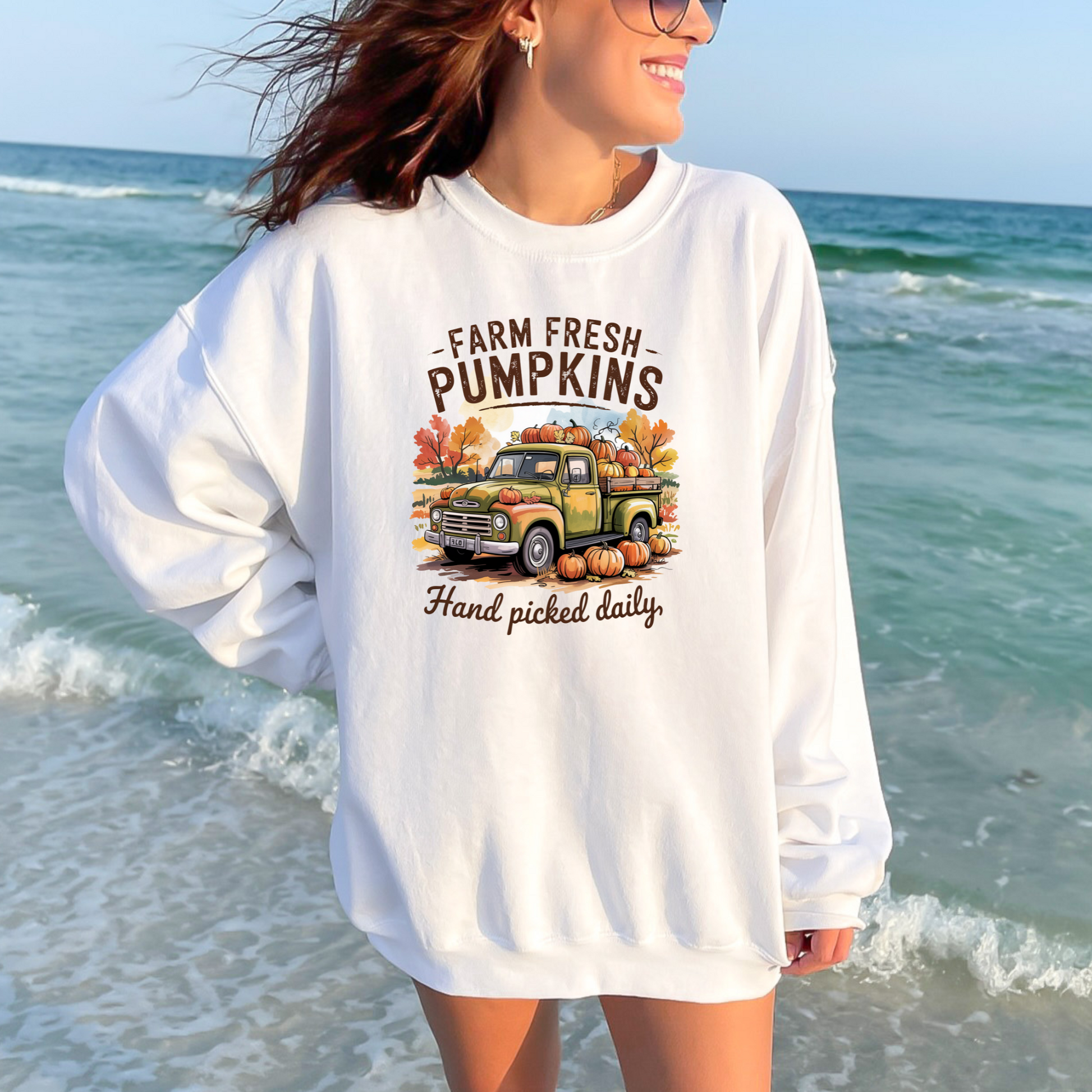 Wholesale Farm Fresh Pumpkins - Green Sweatshirt - White Sweatshirt