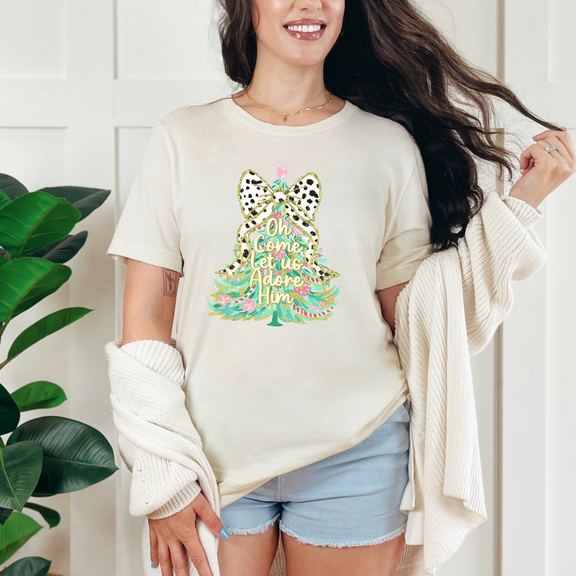Wholesale Let us Adore Him Bow Graphic Tee - Natural Tee
