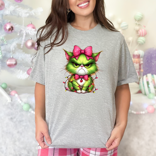Wholesale Angry Christmas Cat Graphic Tee - Grey Tee
