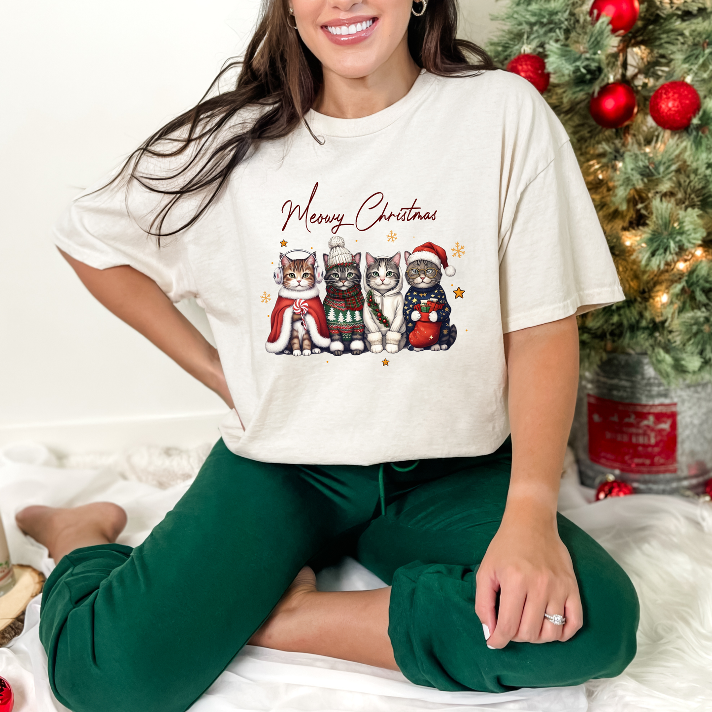 Wholesale Merry Christmas Cats Graphic Tee - Natural Tee