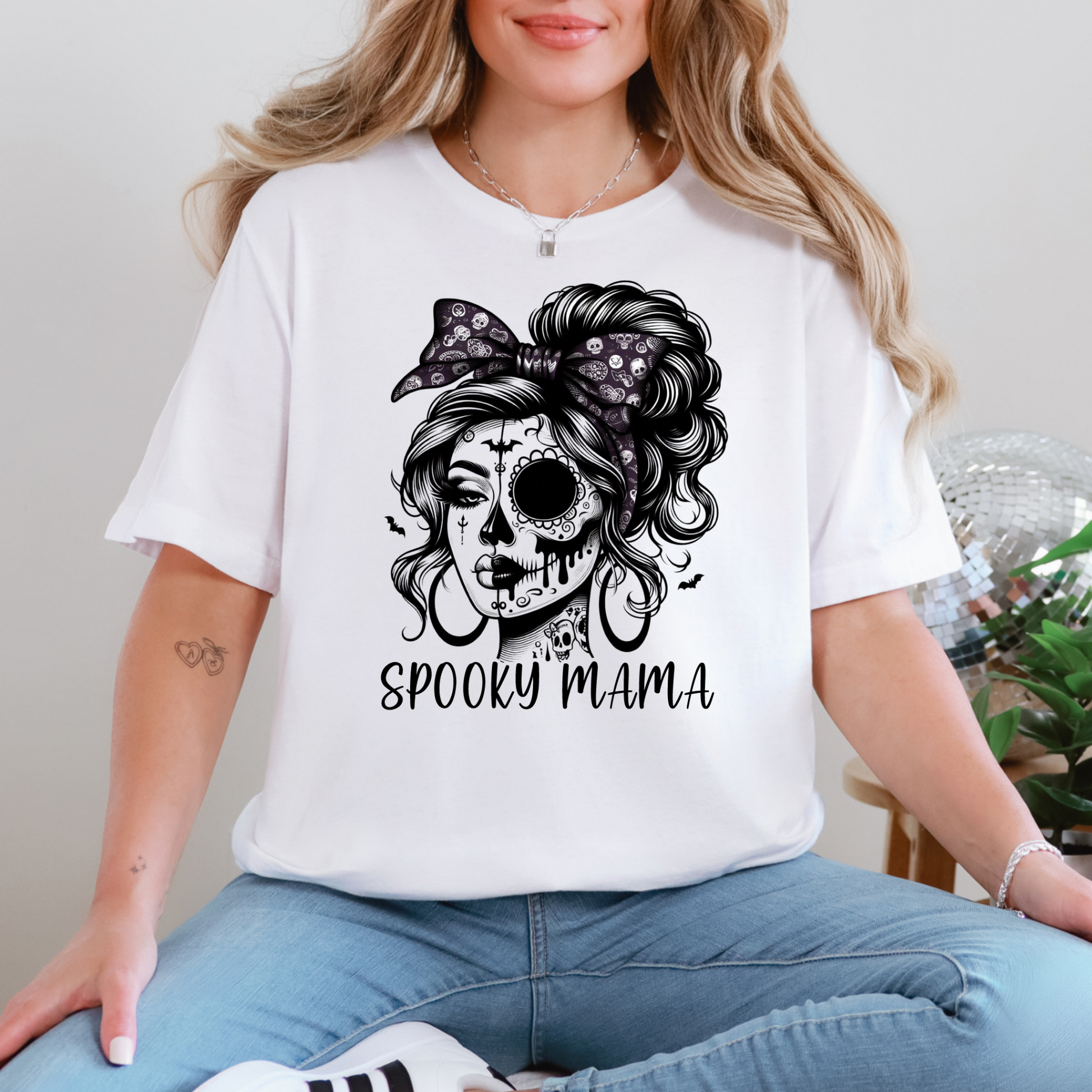 Wholesale Spooky Mama Face Graphic Tee - White Tee