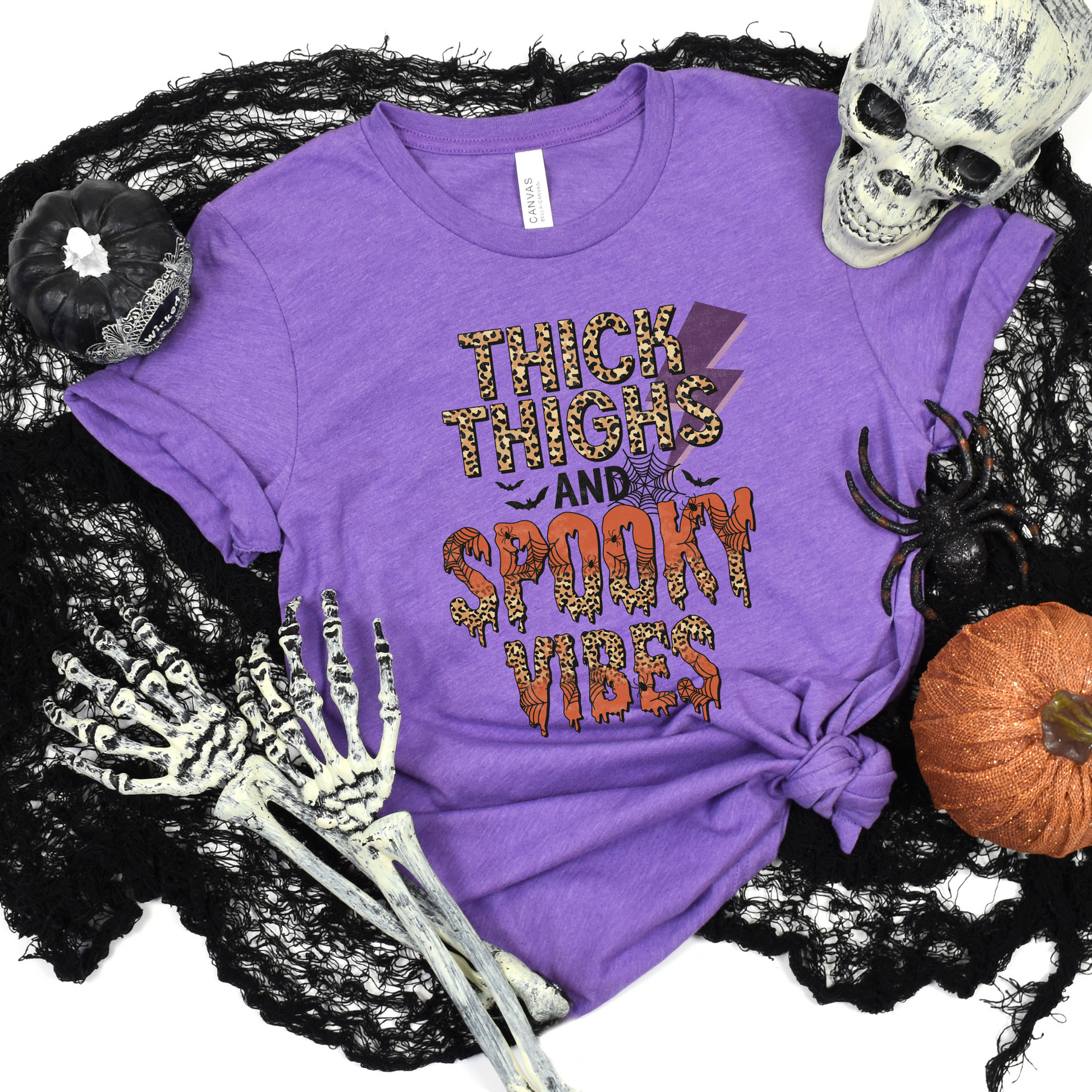 Wholesale Thick Thighs Spooky Vibes Graphic Tee - Heather Team Purple Tee