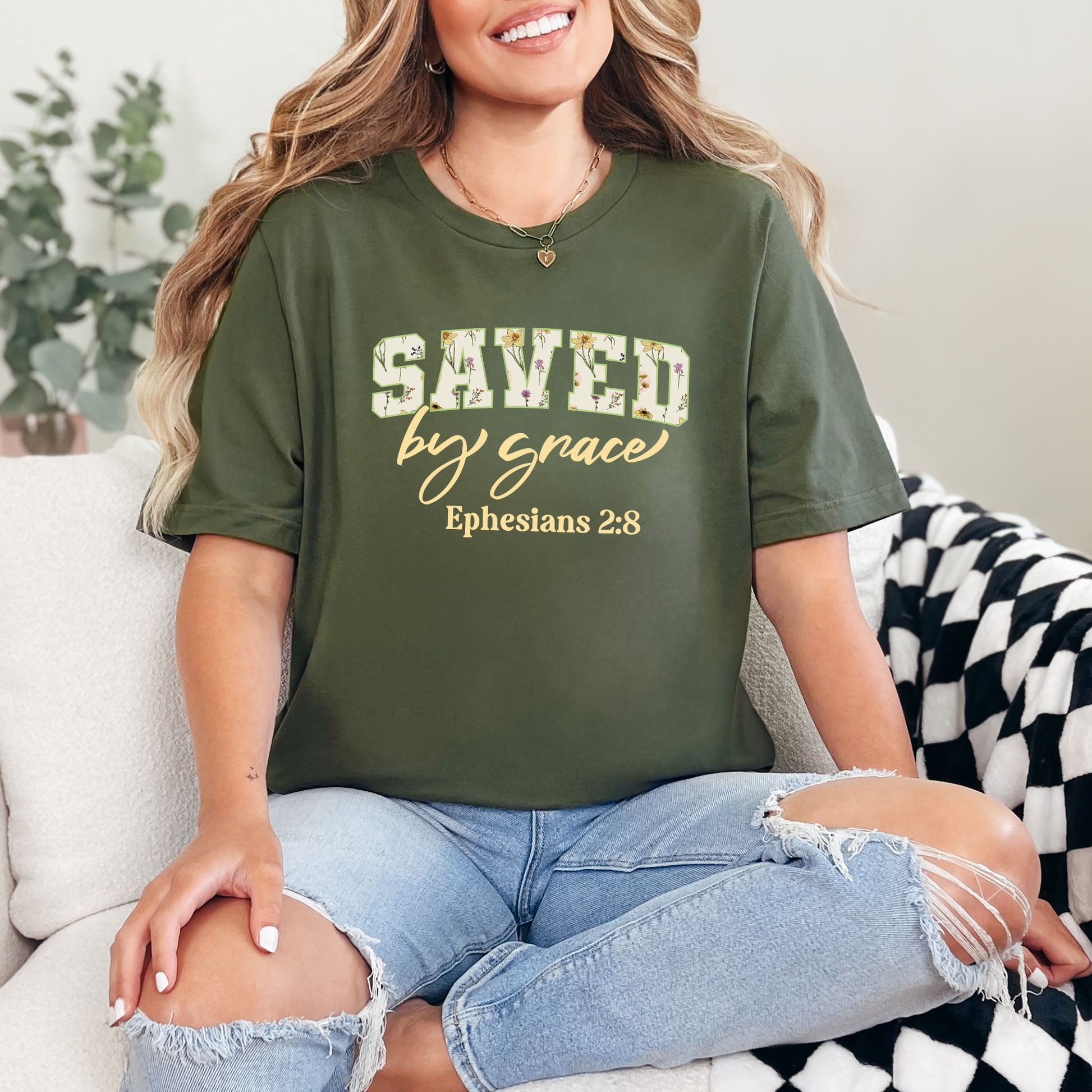 Wholesale Saved By Grace Graphic Tee - Military Green Tee