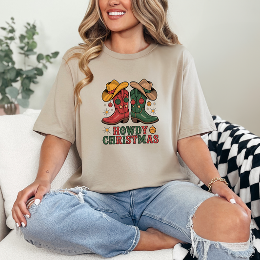 Wholesale Howdy Christmas Boots Graphic Tee - Tan Tee