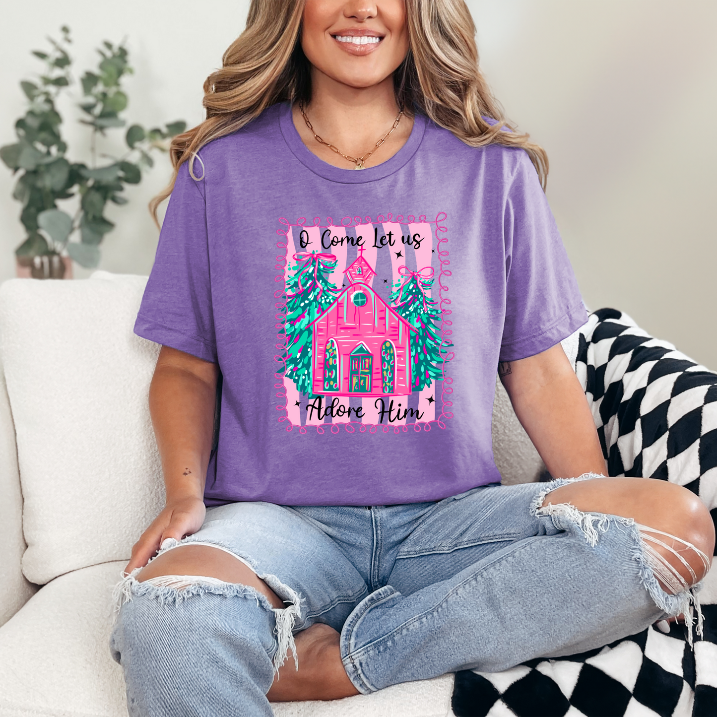 Wholesale Let Us Adore Him Pink Graphic Tee - Heather Team Purple Tee