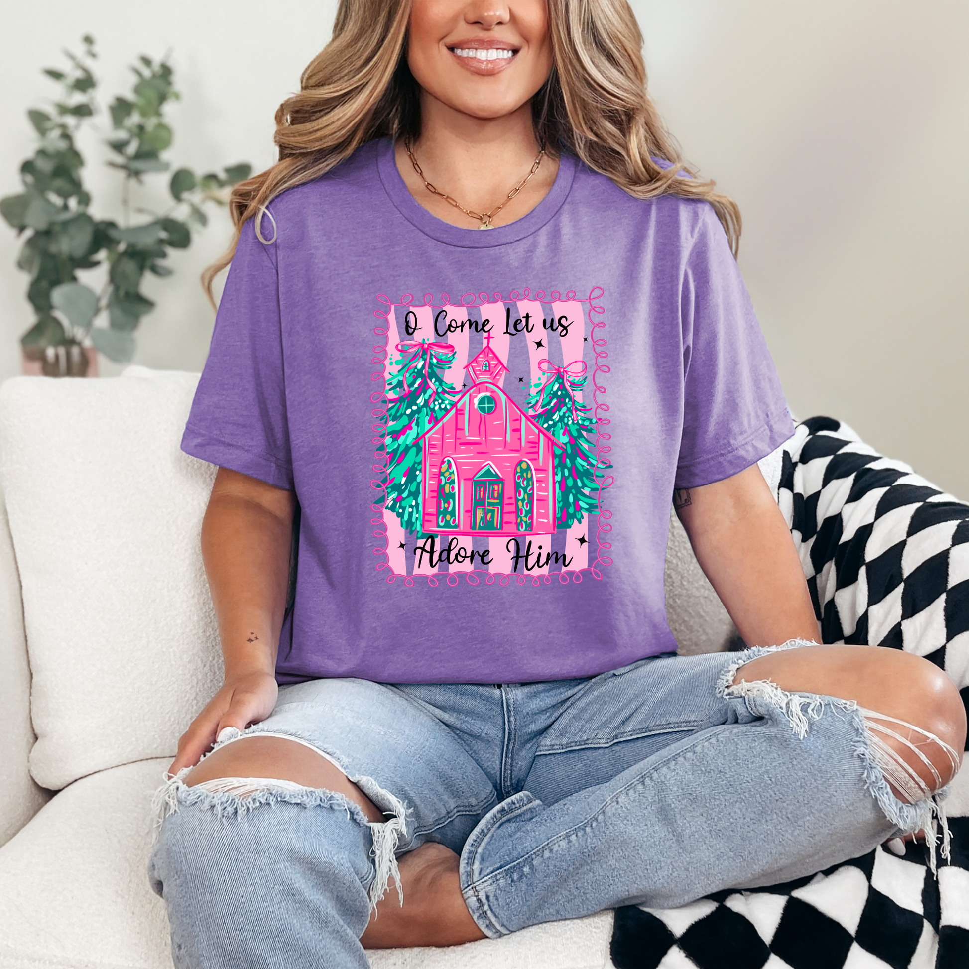Wholesale Let Us Adore Him Pink Graphic Tee - Heather Team Purple Tee