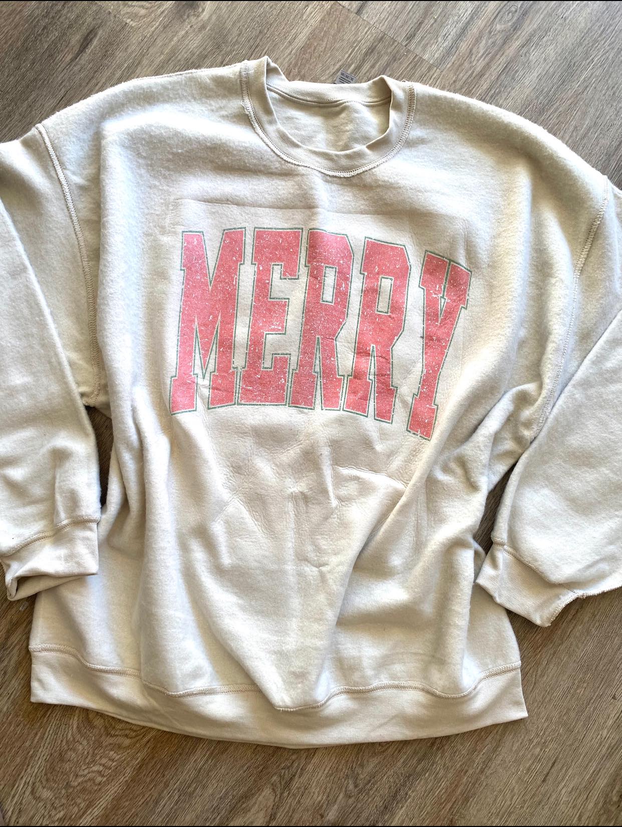 Wholesale Varsity Merry Inside Out Sweatshirt - Sand Sweatshirt