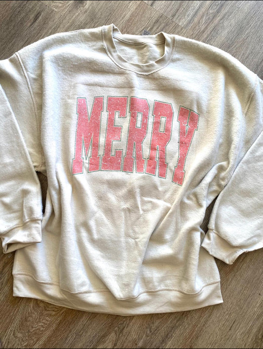 Wholesale Varsity Merry Inside Out Sweatshirt - Sand Sweatshirt