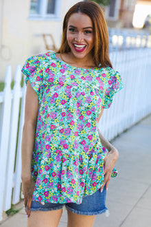  All For You Mint Floral Yoke Flutter Sleeve Keyhole Back Top