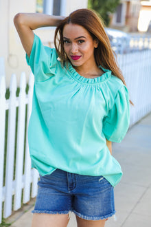  Follow Me Mint Frill Mock Neck Woven Top