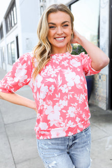  Spring Vibes Coral Wavy Rib Puff Short Sleeves Floral Top