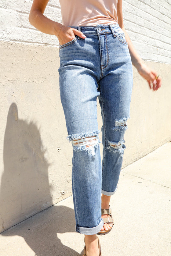 Judy Blue High-Rise Boyfriend Cuffed Hem Distressed Jeans