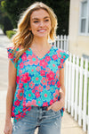 Flower Power Blue V Neck Flutter Sleeve Woven Blouse