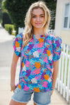 All For You Aqua Tropical Print Frill Notch Neck Puff Sleeve Top