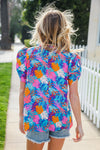 All For You Aqua Tropical Print Frill Notch Neck Puff Sleeve Top