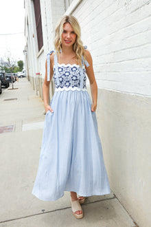  Feeling Femme Blue Floral Netted Yoke Stripe Ric Rack Dress