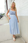 Feeling Femme Blue Floral Netted Yoke Stripe Ric Rack Dress