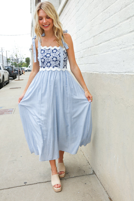 Feeling Femme Blue Floral Netted Yoke Stripe Ric Rack Dress