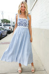 Feeling Femme Blue Floral Netted Yoke Stripe Ric Rack Dress