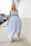 Feeling Femme Blue Floral Netted Yoke Stripe Ric Rack Dress