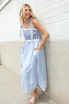 Feeling Femme Blue Floral Netted Yoke Stripe Ric Rack Dress