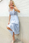 Feeling Femme Blue Floral Netted Yoke Stripe Ric Rack Dress