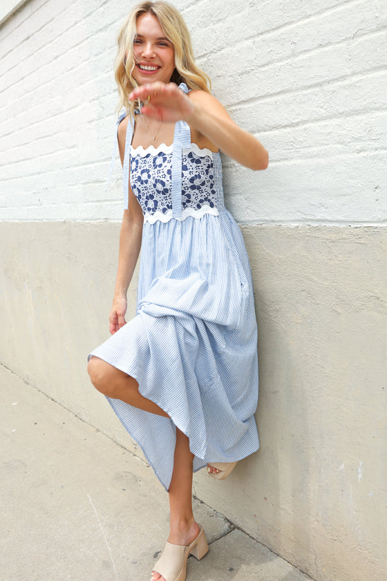 Feeling Femme Blue Floral Netted Yoke Stripe Ric Rack Dress
