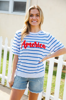  America Proud Blue Striped Embroidered Puff Sleeve Top
