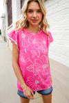 Adorable In Pink Big Floral Print Flutter Sleeve Knit Top