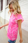 Adorable In Pink Big Floral Print Flutter Sleeve Knit Top