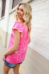 Adorable In Pink Big Floral Print Flutter Sleeve Knit Top