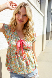  Be Charming Sage Floral Print Elastic Neck Ribbon Bow Tie Top